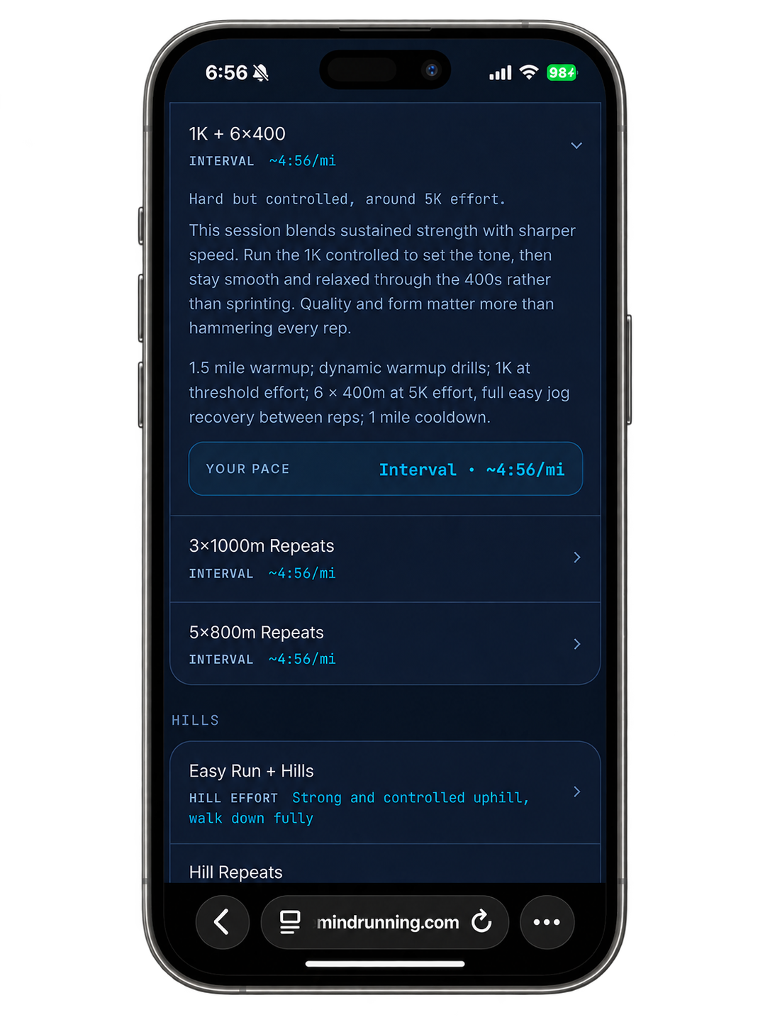 Workout Detail screen in the PMR app